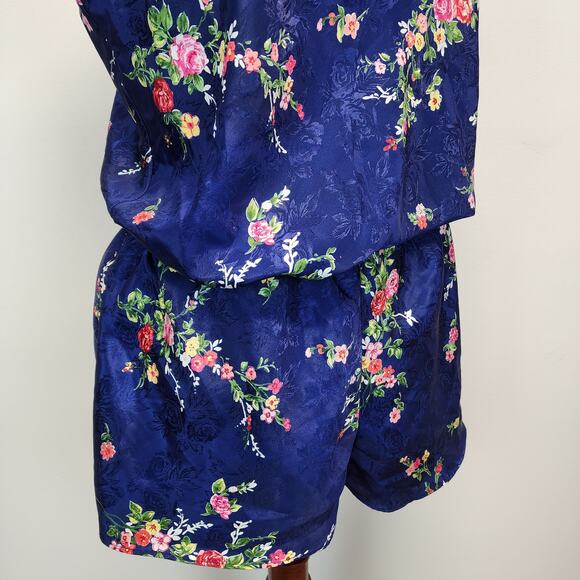 Vintage Inner Most Floral Satin Pajama Set Size XL Blue Lace Trim Chemise Shorts - Picture 15 of 16